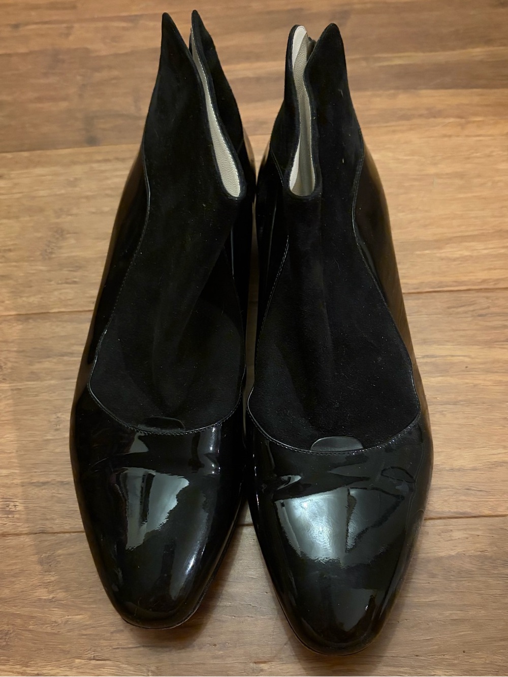 Giorgio Armani Black Patent Leather Velvet ankle boots